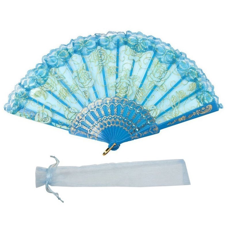 Newstarfactory Lace Flowers Design Plastic Folding Hand Held Fan (Blue) - Image 1